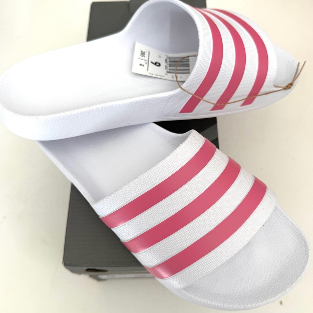 Adidas White and Pink Striped Slides